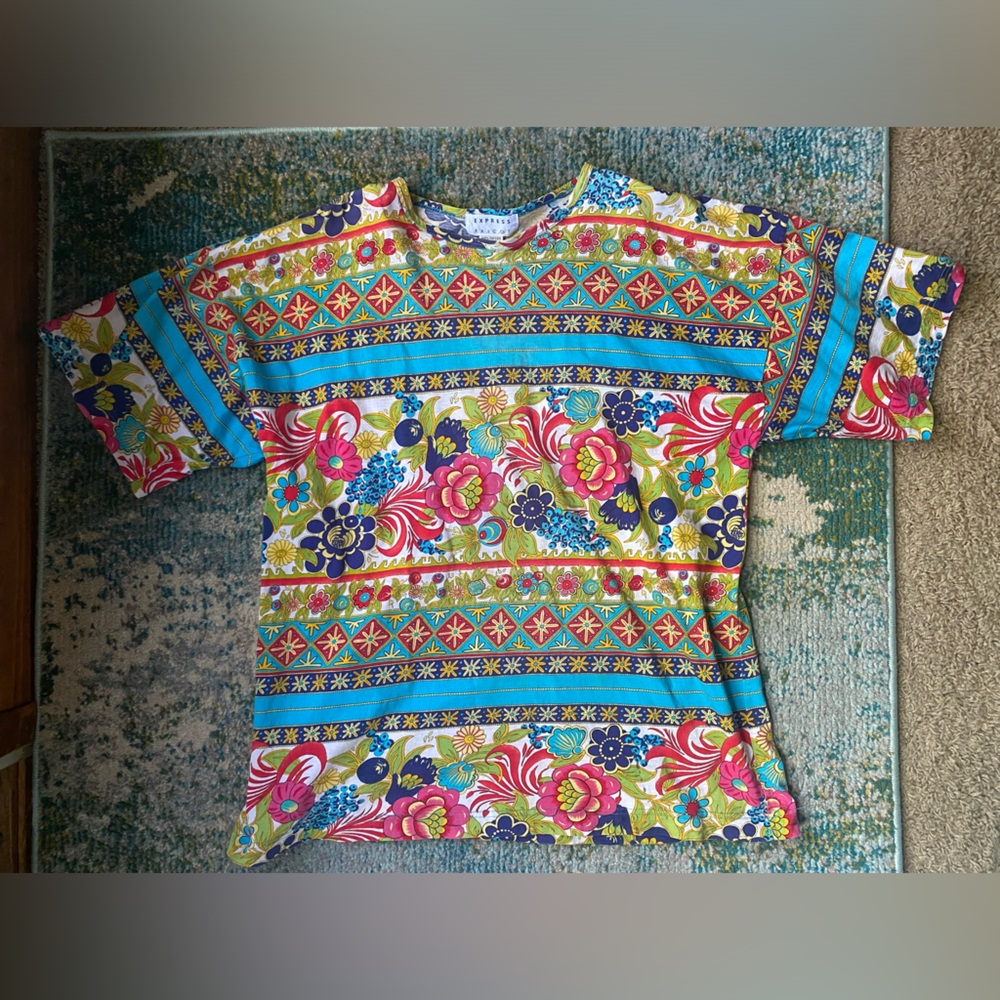 Vintage 90s Express Tricot floral paisley abstract cotton shirt, size medium